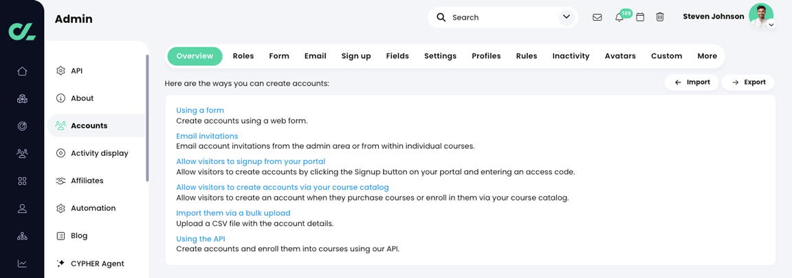 Admin, Accounts, Overview tab