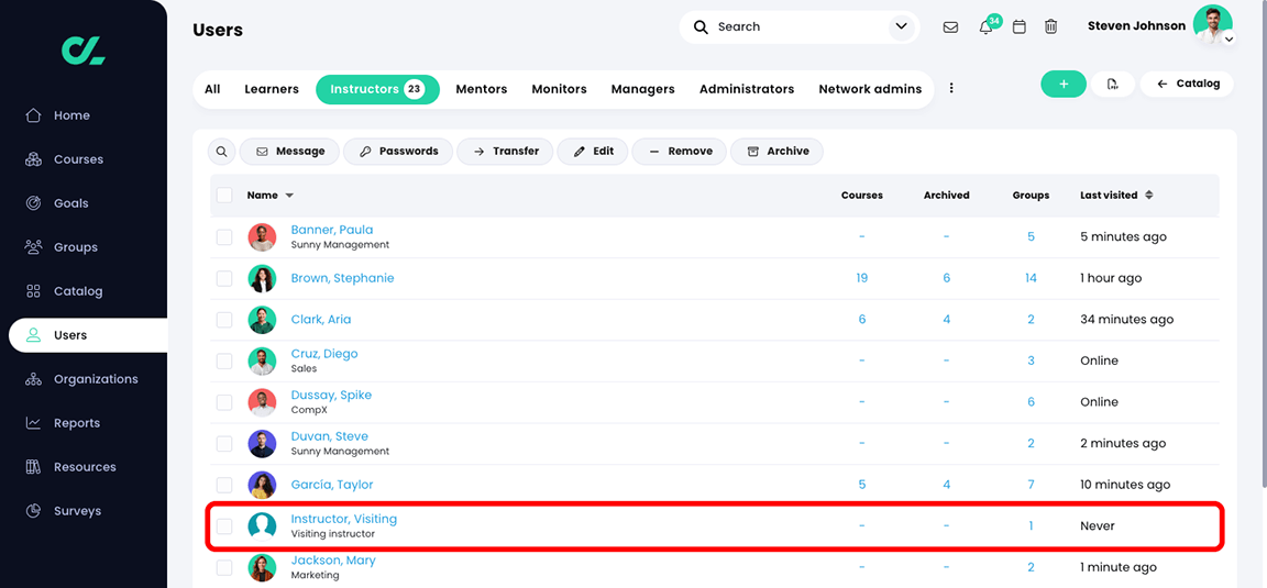 Users, Instructors tab with a user with the Visiting instructor role highlighted
