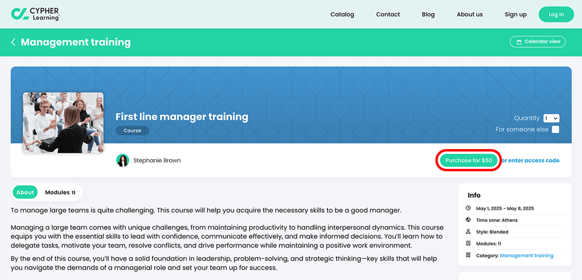 Visitor view, Catalog, Course page with the Purchase button highlighted