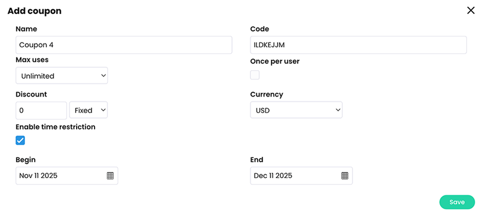 Add coupon pop-up with an example of a coupon that is valid for one year