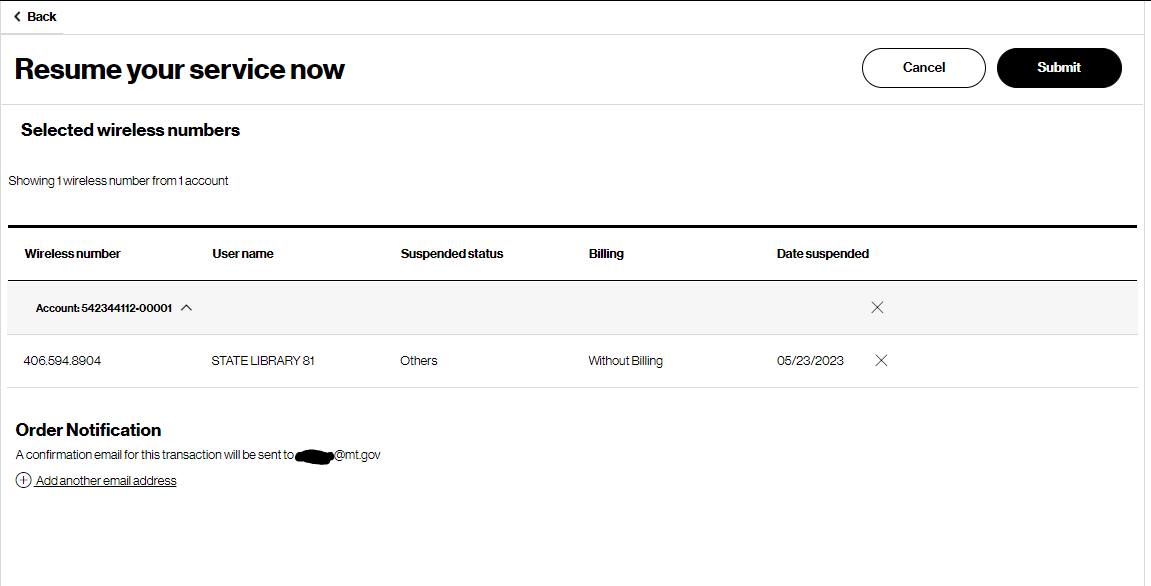 A screenshot of the Verizon administrative portal