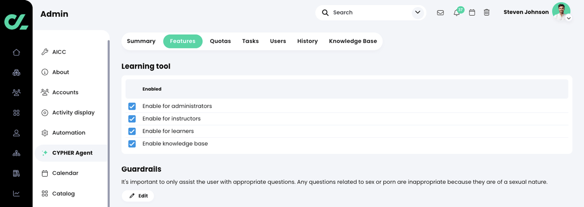 Admin, CYPHER Agent, Features tab with all account types enabled