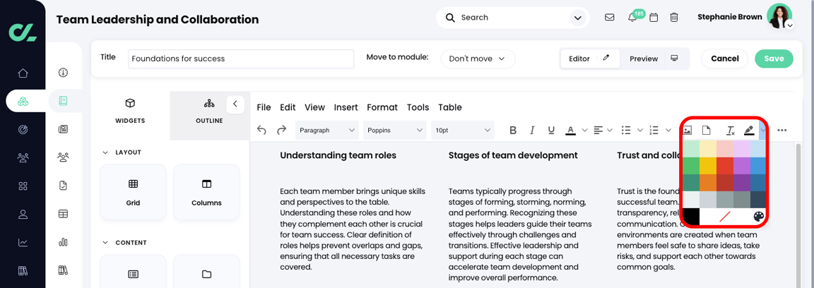 Course, Module, Edit section with the Background color menu active and highlighted