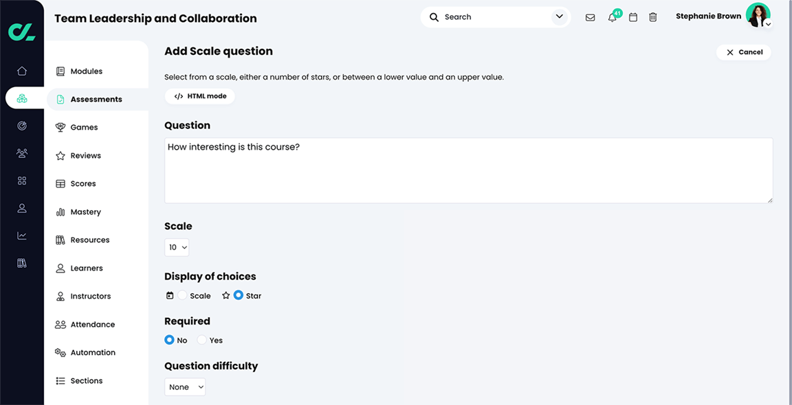 Course, Assessments, Survey assessment, Add Scale question page
