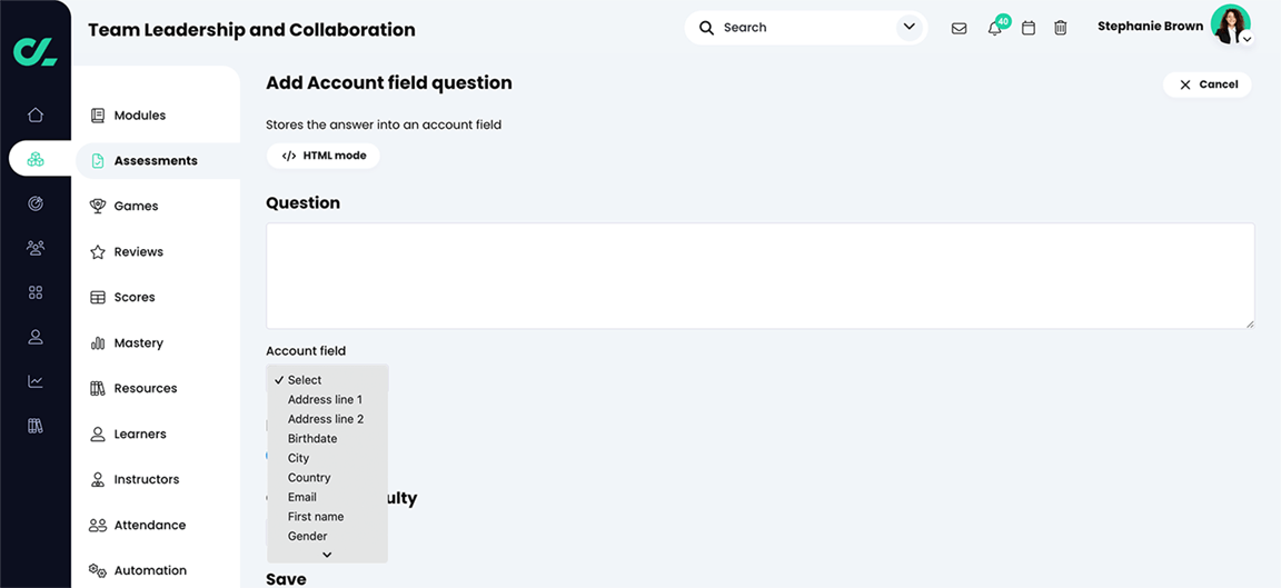 Course, Assessments, Survey assessment, Add Account field question page with the Account field menu active