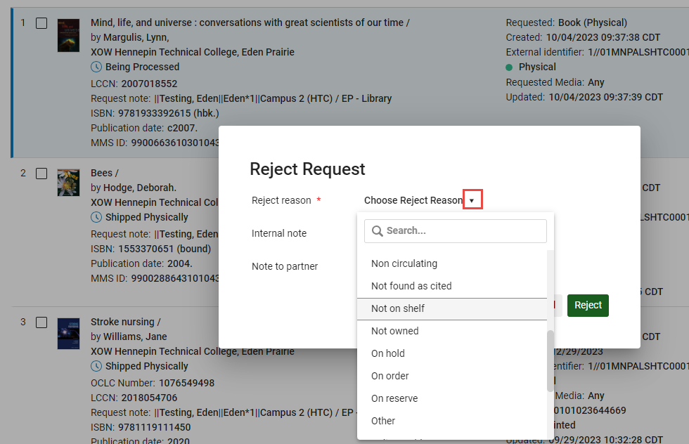 Reject Reason form select a Reject reason
