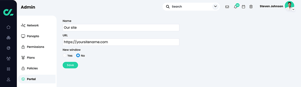 Admin, Portal, Add Shortcut page with an example shortcut