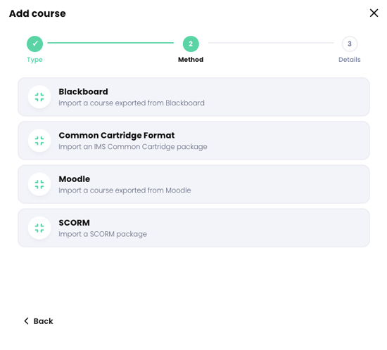 Add course popup, Method step, Import package options