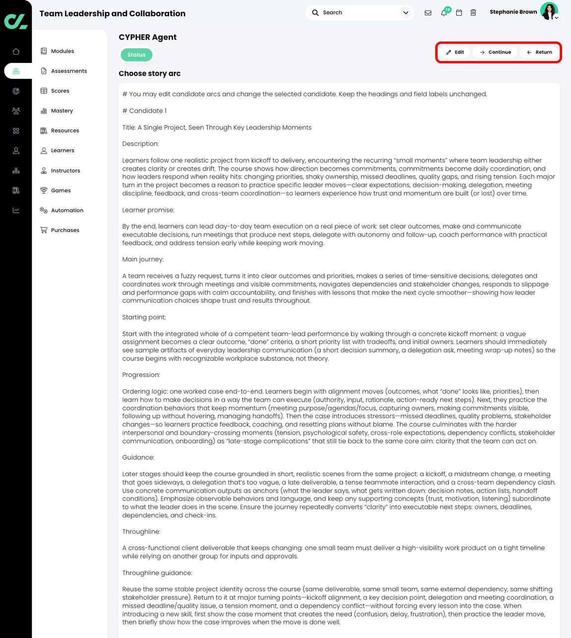 CYPHER Agent Choose story arc Markdown file, with the Edit, Continue, and Return buttons highlighted