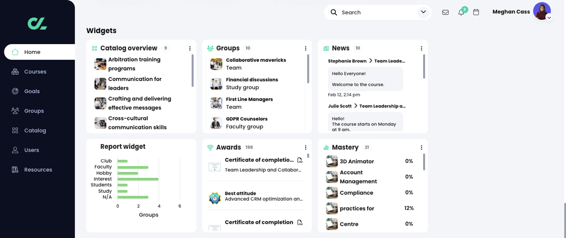 Learner home page dashboard displaying the Catalog overview, Groups, News, Report widget, Awards, and Mastery widgets
