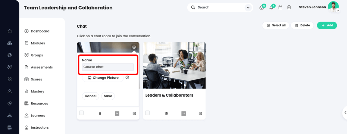 Course, Chat overview page with the chat's name field highlighted in the settings dropdown