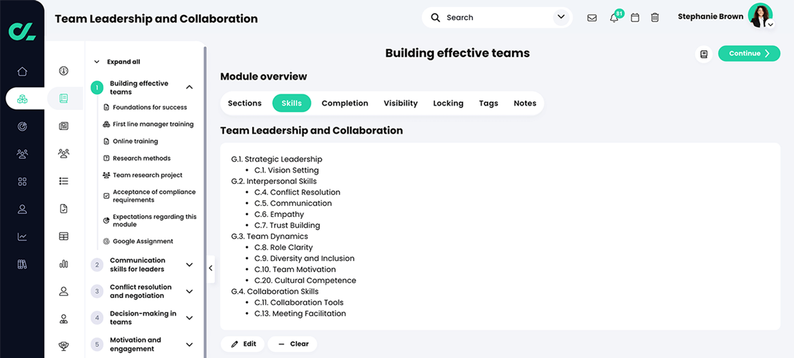 Course, Module, Skills tab with a list of skills