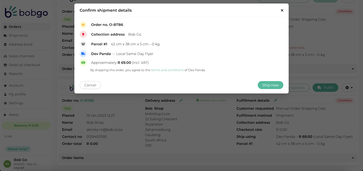 Quick fulfillment in Bob Go