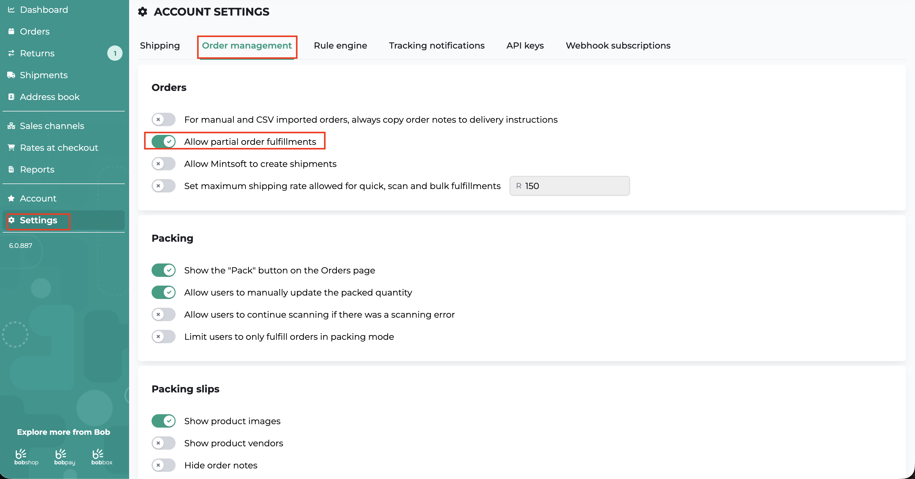 Enable partial order fulfillment in Bob Go