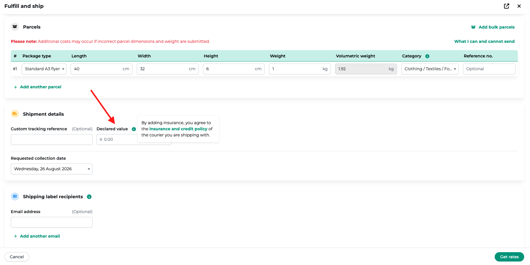 Declared value field in Bob Go