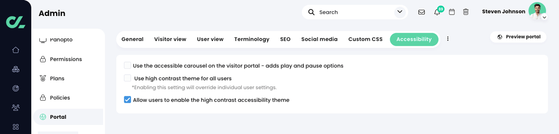Admin, Portal, Accessibility tab with the 'Allow users to enable the high contrast accessibility theme' checkbox selected