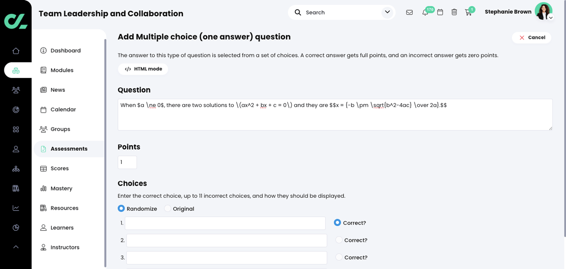 Course, Assessments, Add Multiple choice question with text and mathematics with math delimiter examples entered