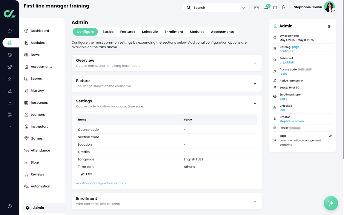 Course, Admin, Configure tab with the Settings section expanded