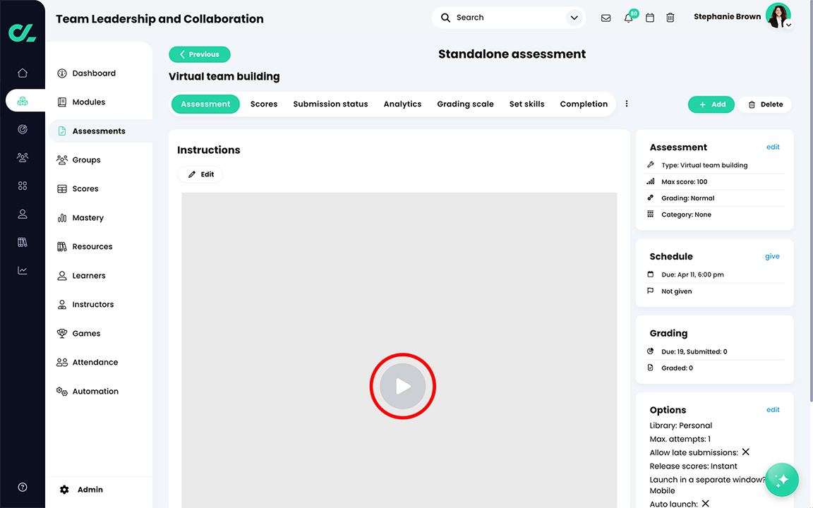 Course, Assessments, LTI assessment Assessment page with an embedded LTI assessment and the Play button highlighted
