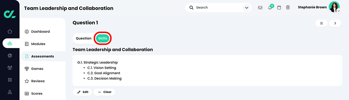 Course, Assessment, Quiz assessment, Question page with the Skills tab selected and highlighted