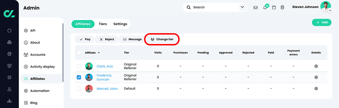 Admin, Affiliates, Affiliates tab an affiliate selected and the Change tier button highlighted