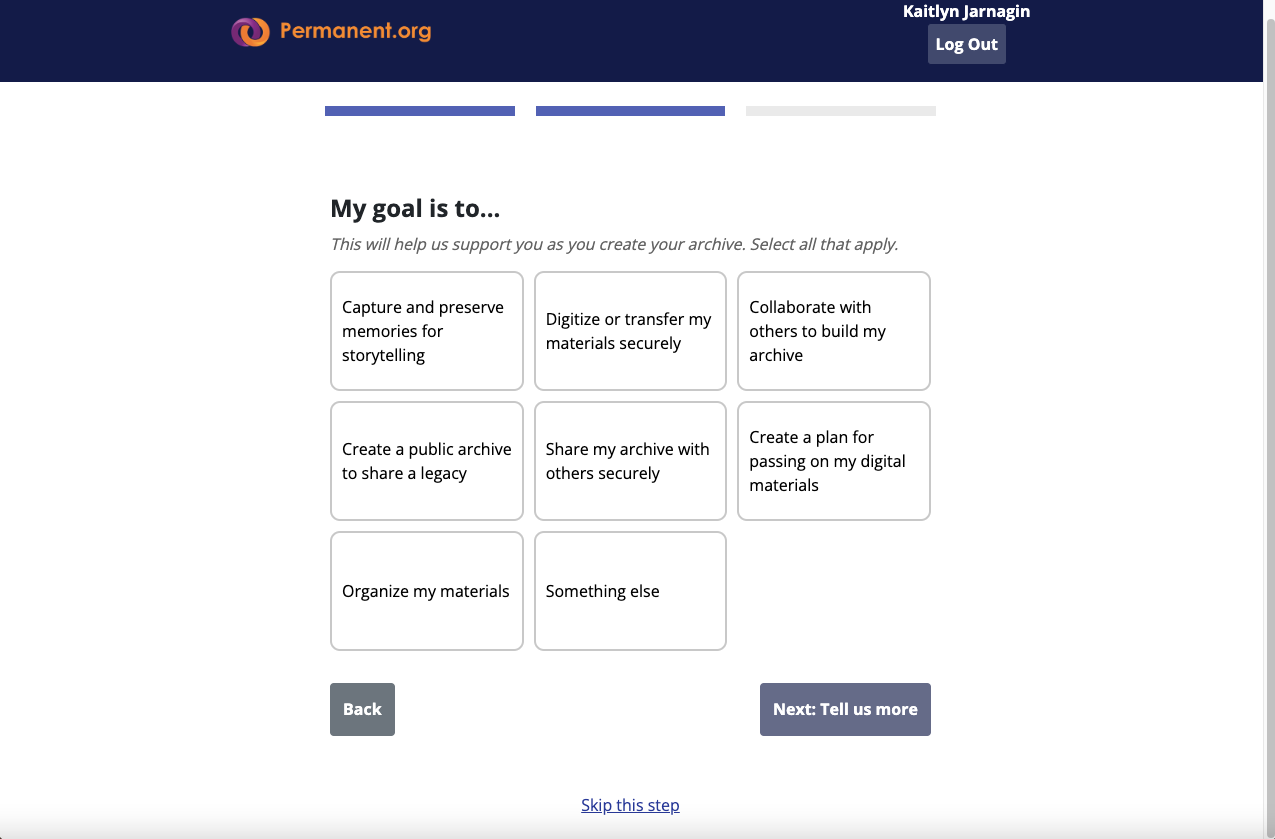 A screenshot of the Permanent application where you select your goals for building your archive.