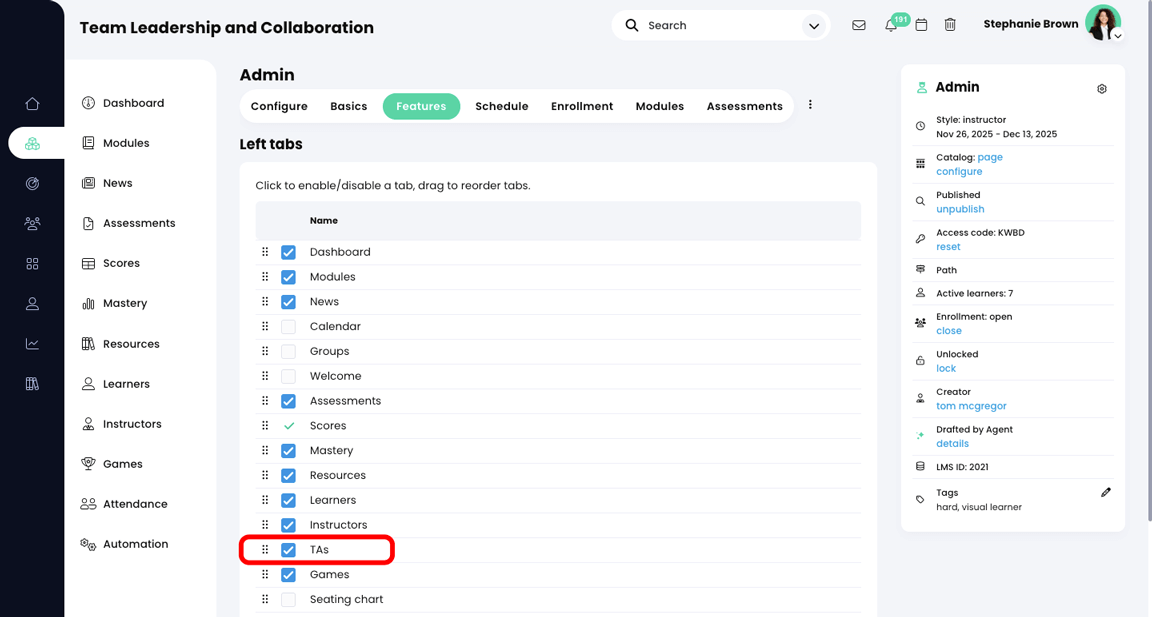 Course, Admin, Features tab with the TAs feature selected and highlighted