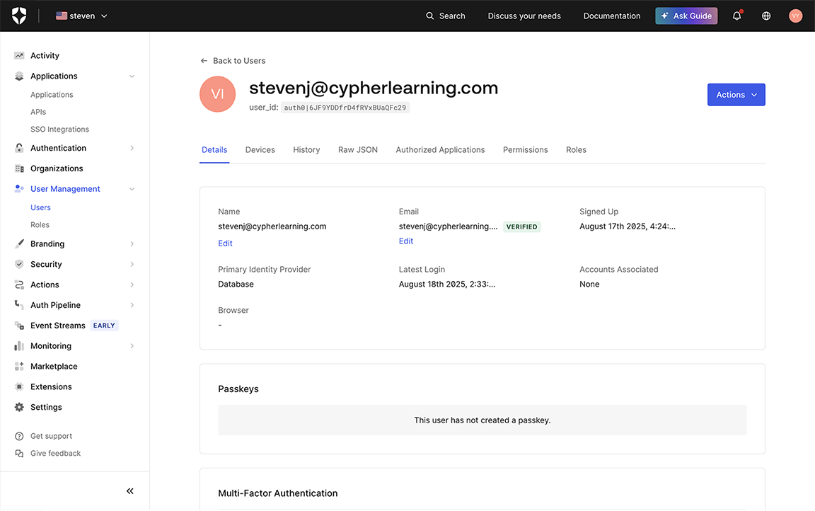 Auth0, User Management, Example user, Details tab