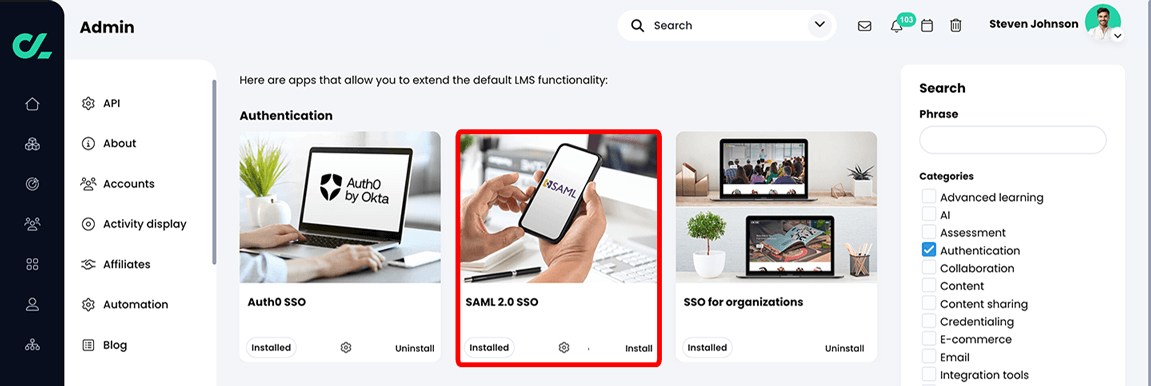 Admin, App center with the SAML 2.0 SSO app tile highlighted in the Authentication section