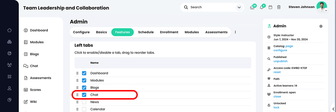 Course, Admin, Features page with the Chat feature highlighted and the Chat link shown in the course navigation