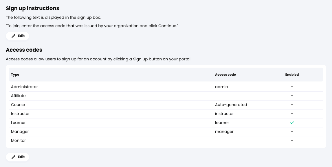 Admin, Accounts, Sign up tab, Sign up instruction and Access codes sections with Access code examples for various roles
