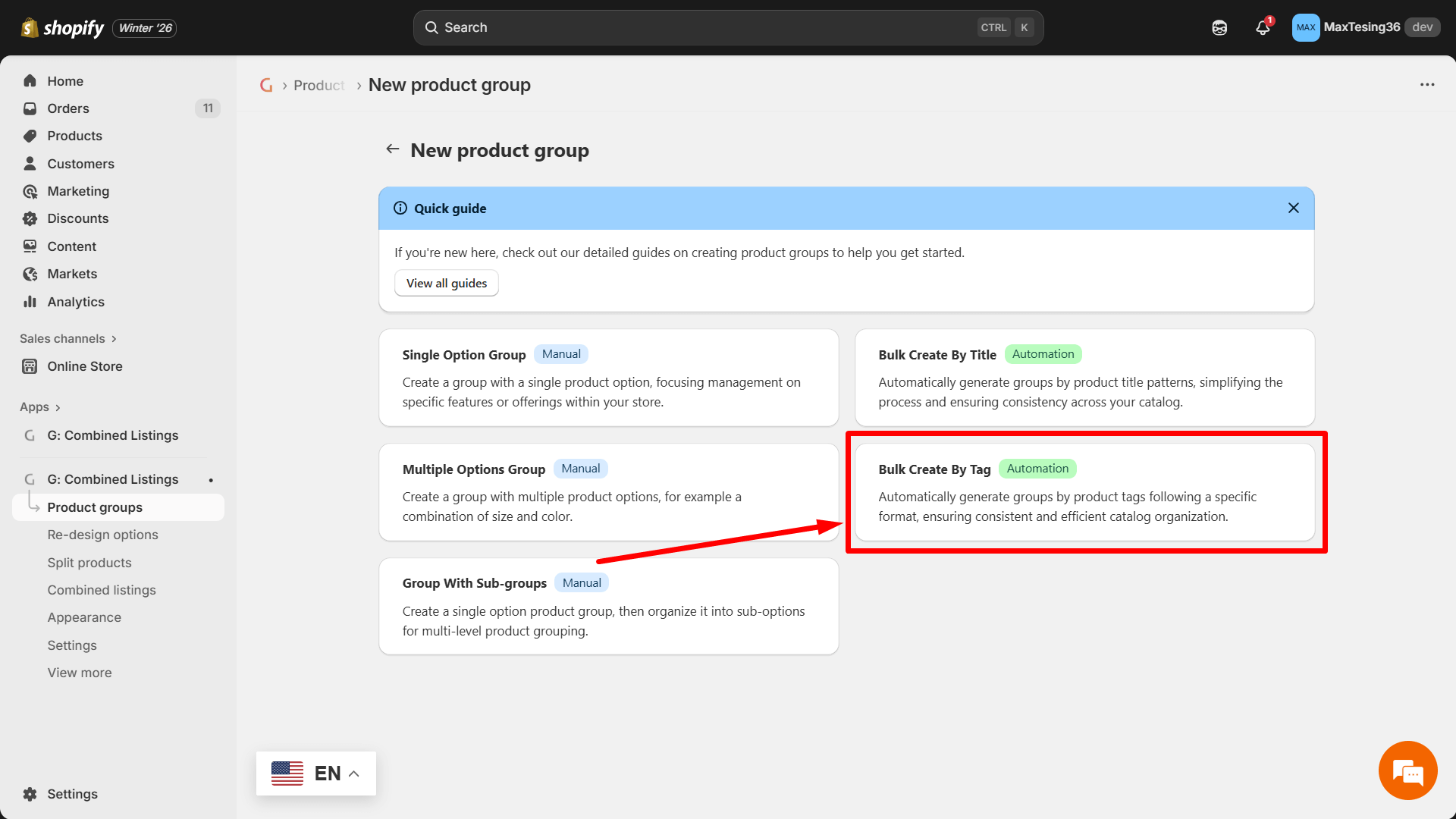 Select Bulk Create By Tag Option
