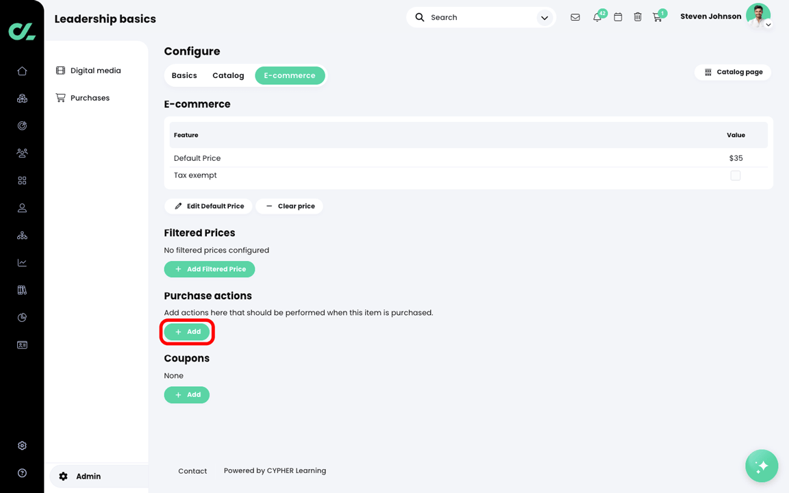 Admin, E-commerce, Digital media, Configure page, E-commerce tab with the Add button highlighted in the Purchase actions section