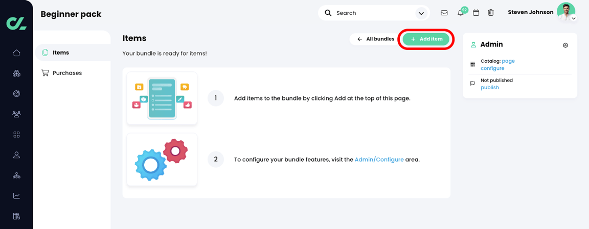 Admin, E-commerce, Bundles page with the Add item button highlighted