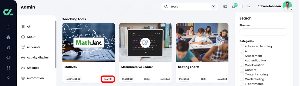 Admin, App center with the Install button highlighted on the MathJax tile