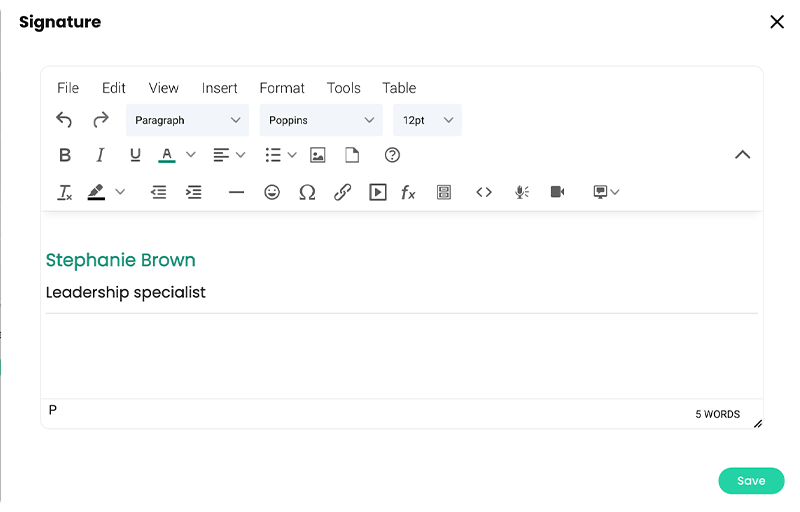 Signature pop-up, showing a new signature