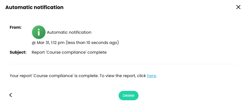 Reports, Catalog, Course compliance report complete notification