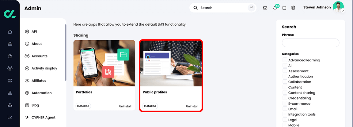 Admin, App center, Sharing section with the Public profiles app highlighted