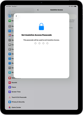 An iPad showing the screen for setting the Assistive Access passcode used when entering and exiting Assistive Access.