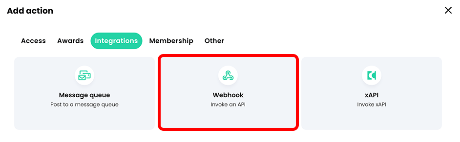 Add action pop-up, Integrations tab with the Webhook button highlighted