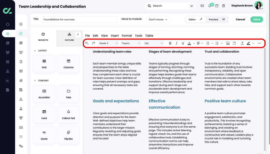 Course, Module, Edit section with the Toolbar secondary menu icons highlighted