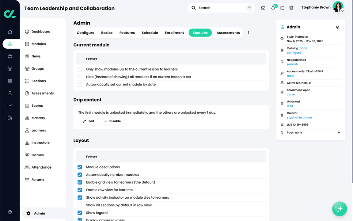 Course, Admin, Modules tab