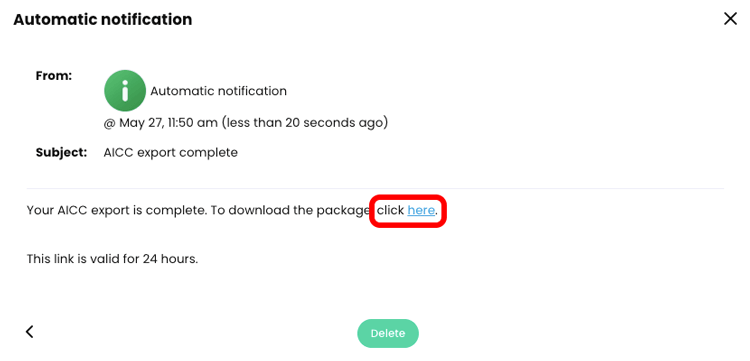 Automatic notification pop-up for an AICC export, with the click here link highlighted.