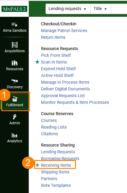 Fulfillment menu expanded to show resource sharing receiving items.