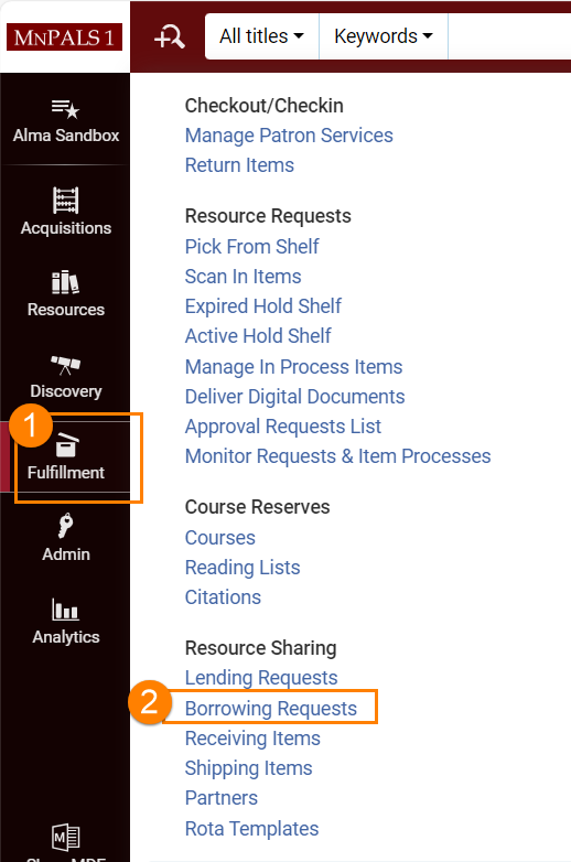 Alma fulfillment menu expanded to show additional updating options and how to access borrowing requests.