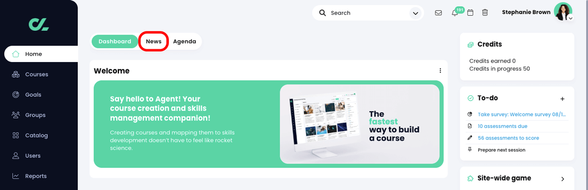 Home Dashboard with the News tab highlighted