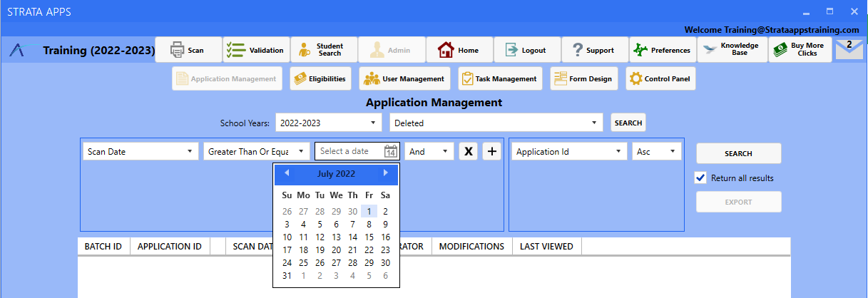 Strata Apps Application Management interface with the date selector fully expanded to show the month of July 2022..