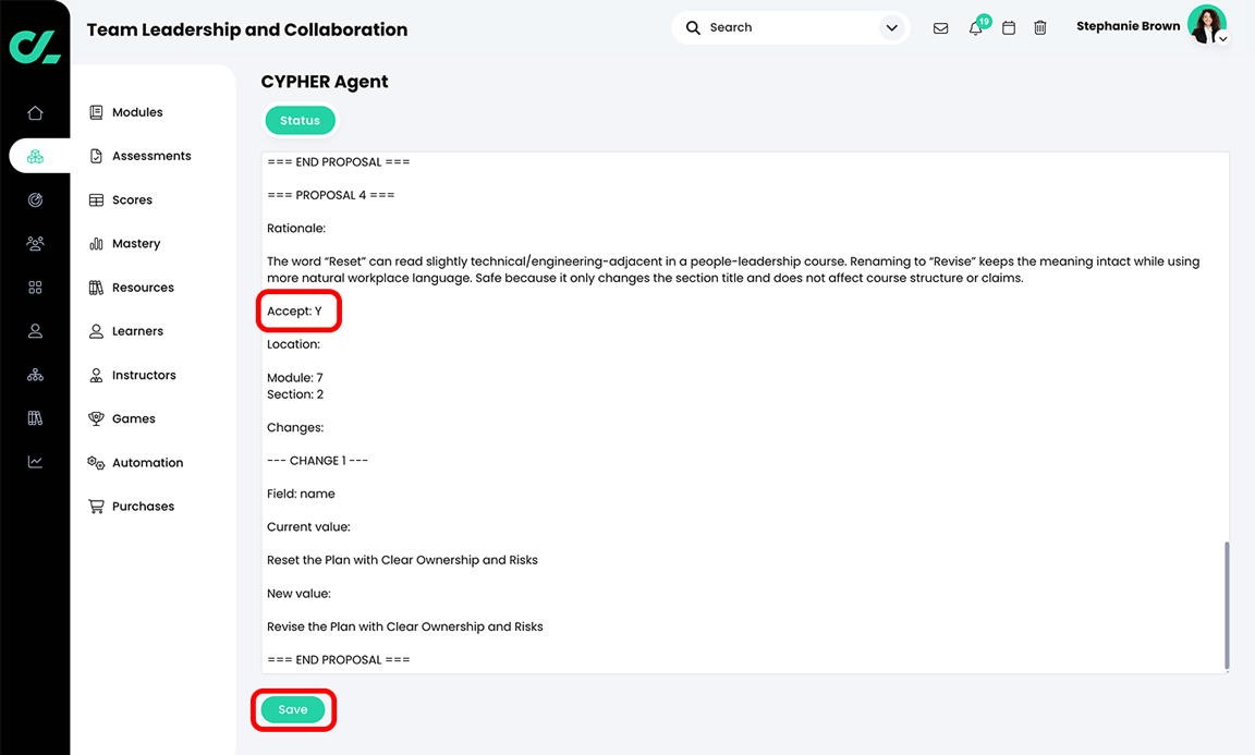CYPHER Agent Review and polish Markdown file in Edit mode, with the Accept field and Save button highlighted