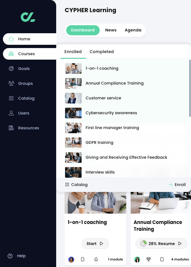Courses fly-out menu active on the primary navigation menu