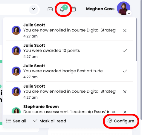 Notifications menu active with the Notifications icon and Configure button highlighted